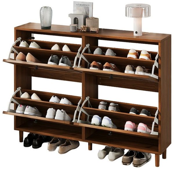 Merax Schuhschrank in Walnussholz-Optik (Schuhregal Schuhaufbewahrung für Eingangsbereich, 1-St) Schuhkommode mit 4 Kipptüren, 8 Fächern & Stauraum, 120 x 24 x 90 cm