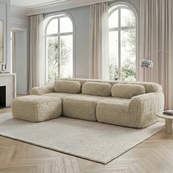 Ecksofa aus Plüschstoff, modular & rahmenlos, 291×179×73, Hellkhaki, ohne Montage