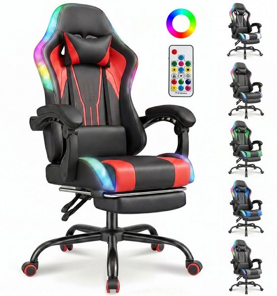 HOMALL Gaming-Stuhl mit LED,Ergonomisch,Fußstütze,computerstuhl,gaming stuhl mit massage, Ergonomischer Bürostuhl,Kopfstütze und Lendenstütze