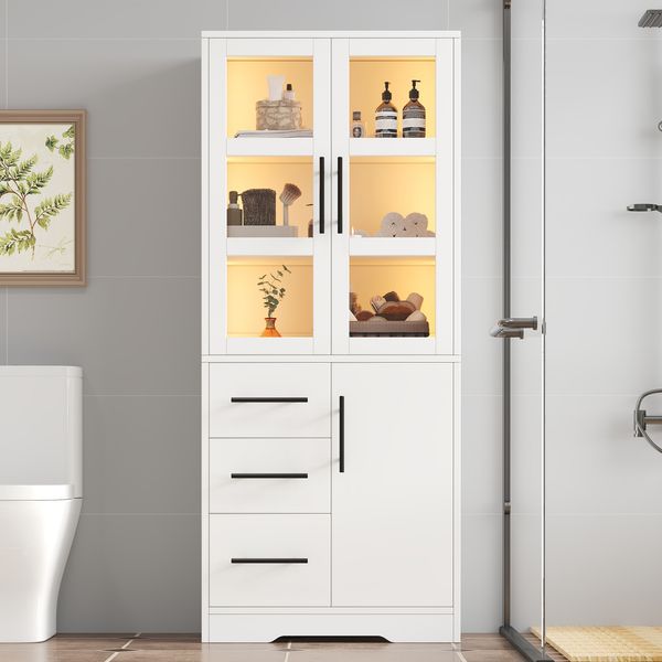 Flieks Badezimmer-Hochschrank mit LED weiß 72 x 35 x 170 cm, Aufbewahrungsschrank mit Glastüren, 3 Schubladen, 2 Schränken, App-Steuerung LED