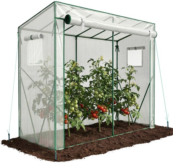 VOUNOT Gewächshaus Foliengewächshaus 200 x 77 x 170 cm, Schrägdach Tomatengewächshaus mit 2 Sichtfenster, Stabil Tomatenhaus für Gemüse, Blumen & Obst, Verstärkte PE-Folie 135g/m², Weiß