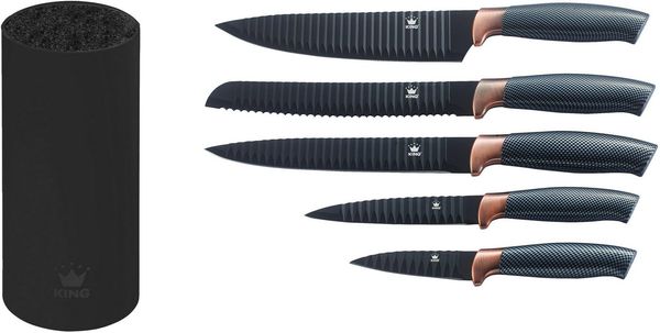 KING Messerblock Carbon Design (6tlg), (5 Messer, 1 Messerblock), Wellenschliff