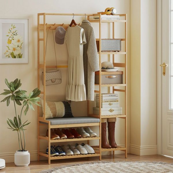 HOMCOM Garderobenständer mit Schuhregal, Kleiderhaken, Mantelständer, Sitzbank mit Kissen, (Kleiderständer, 1 St, Standgarderobe), für Wohnzimmer, Schlafzimmer, Naturholz