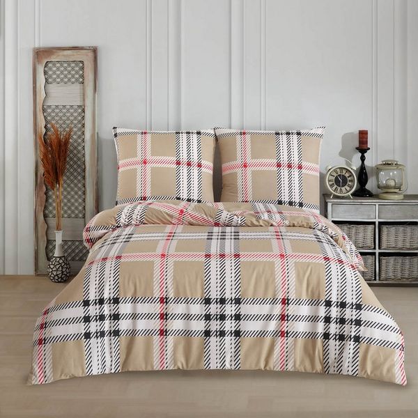 Buymax Bettwäsche Jurado, Bettgarnitur, Bettbezug Set, Renforce: 100% Baumwolle, 2 teilig, mit Reißverschluss, gemustert, Karo, Beige, 155x220 cm