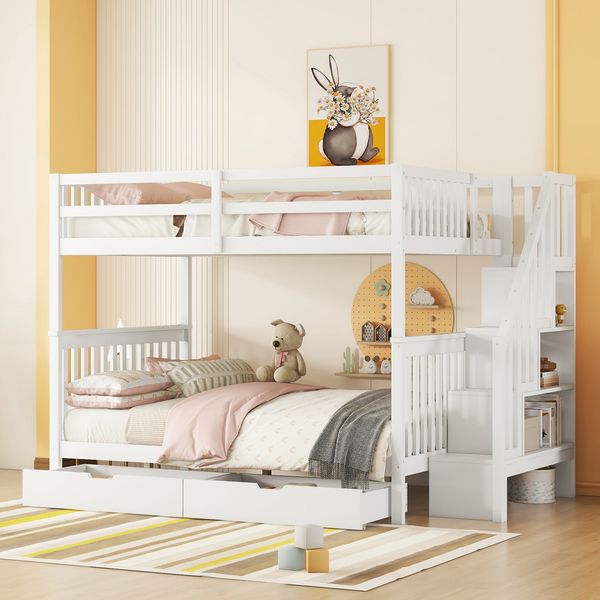 Etagenbett 140x200 cm mit Treppenregal,zwei Schubladen, hohe Sicherheitsgeländer,platzsparendes Etagenbett mit Stauraum,Weiß