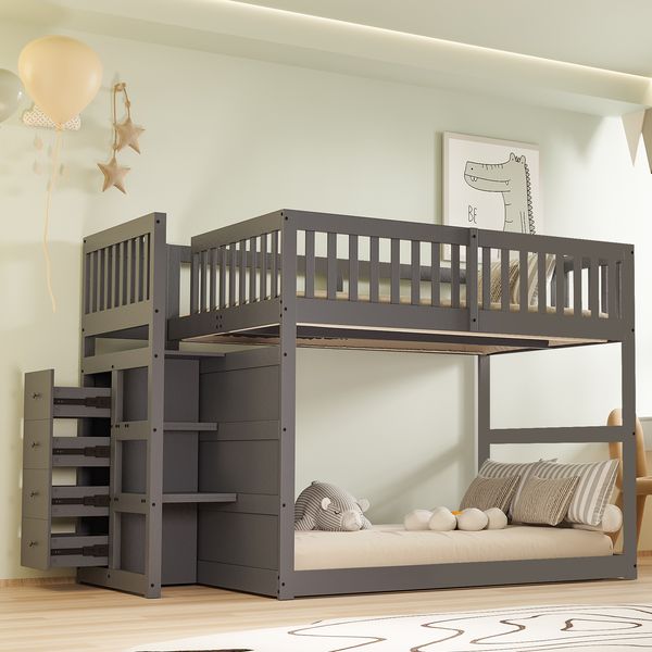 Etagenbett 140×200 cm, niedrig mit hohem Geländer und Treppe mit 4 Schubladen – Grau