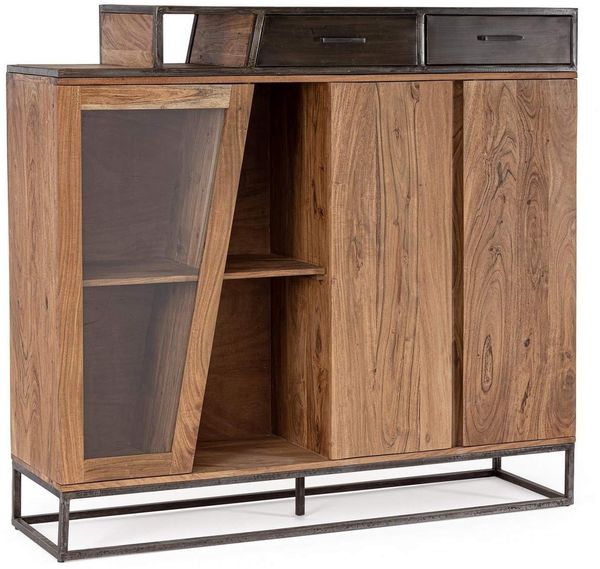 Highboard Janak aus Akazienholz, modernes Design, Natur, 145 cm breit, Metallgestell