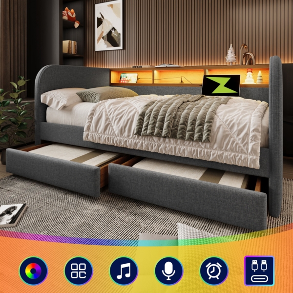 Polsterbett 140x190 cm Grau Leinen mit LED Beleuchtung USB Ladestation 2 Schubladen Kopfteil Doppelbett