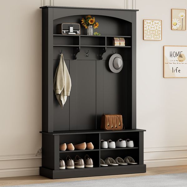Flursitzbank 3-in-1 Schwarz mit Garderobe, Schuhbank, Ablageflächen, verstellbare Einlegeböden, Bogenpaneele, Flur- und Eingangsbereichsmöbel, kippsicher