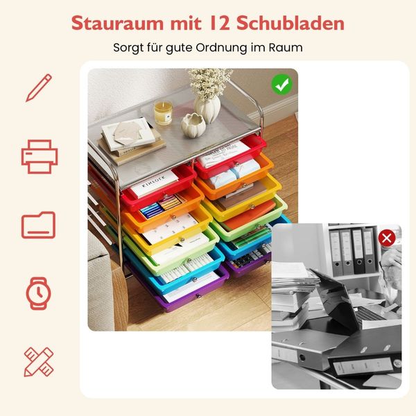 Rollwagen mit 12 Stapelbaren Schubladen & Ablagefläche Schubladenwagen Rollcontainer Mehrfarbig