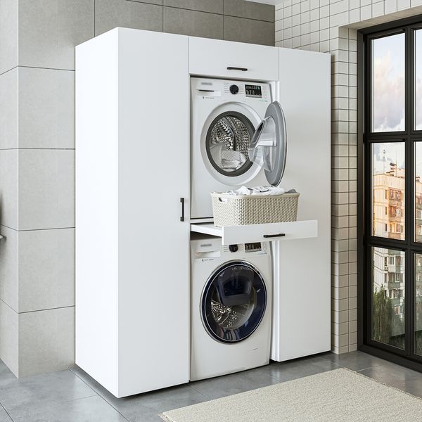 Roomart DUO-I Waschmaschinenschrank Schrankwand 157 cm – Waschmaschine & Trockner + Hochschrank | • Weiß