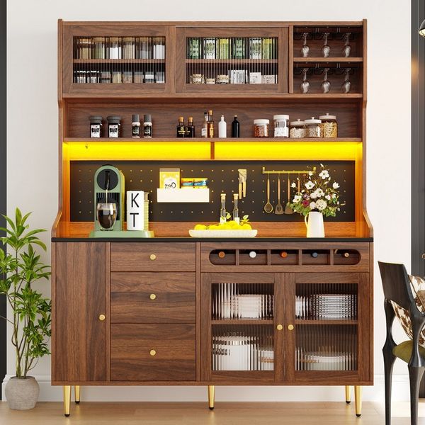 Flieks Küchenbuffet mit LED-Beleuchtung, Lochwandregalen, Gläserhalter und Weinregal (145x39x171 cm, 1-St, Buffetschrank mit Glasschiebetüren und Schubladen) Hochschrank Küchenschrank Geschirrschrank mit verstellbarer Ablagen