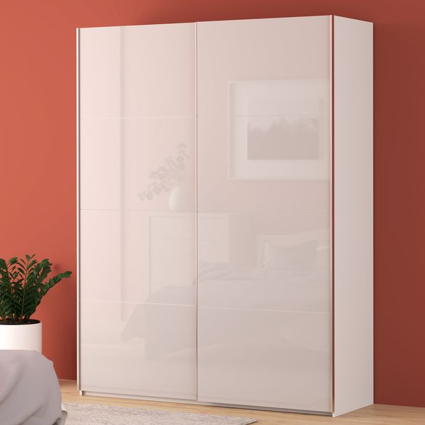 Forte FITTIO Kleiderschrank 180, moderner Schwebetürenschrank, 2-türig, Kleiderstange, Einlegeböden, Schlafzimmer, Holzwerkstoff, Weiß Hochglanz, 180,1 cm breit x 235 cm hoch x 61,2 cm tief
