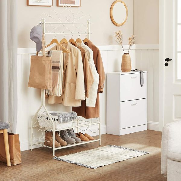 Songmics Kleiderständer im Vintage-Stil Garderobenständer mit Kleiderstange und 2 Ablagen aus Metall 92 x 173 x 41 cm Beige HSR07W