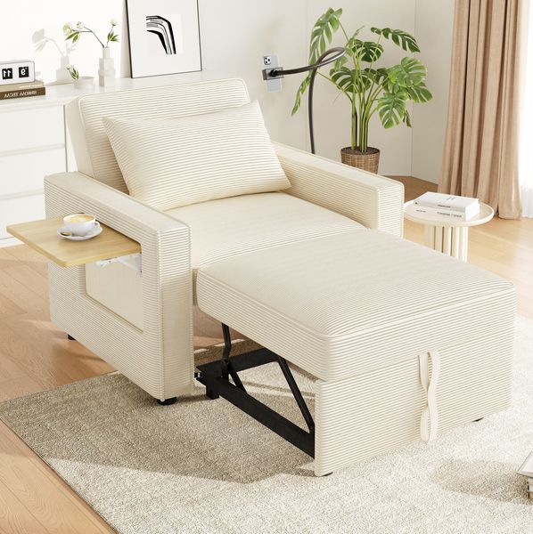 Schlafsofa 93 x 150 x 85 cm, 1-Sitzer mit USB, Type-C, Handyhalter und Beistelltisch, Cord in Beige