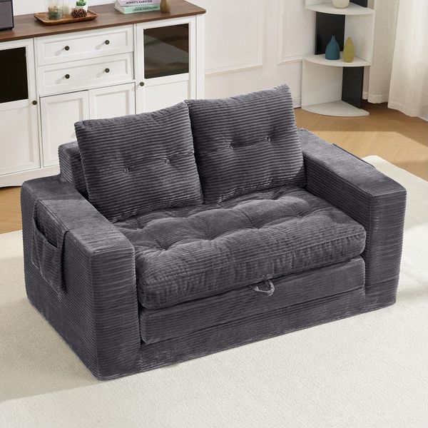 HAUSS SPOLE Loungesofa Zweisitzer mit Seitentaschen,Klappsofa Sofabett Ausziehfunktion,Grau, Polstermöbel Schlafsofa mit seitlichen Aufbewahrungstaschen und integrierten Getränkehaltern, Schlafsofa mit seitlichen Taschen und integrierten Getränkehaltern