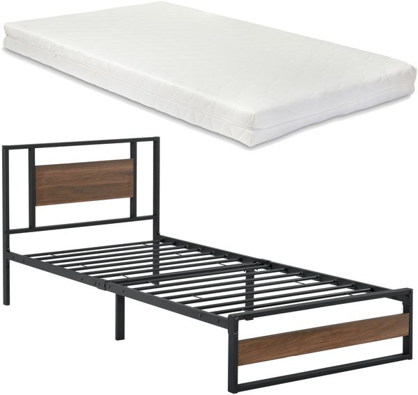 Metallbett Villach 90x200 cm mit Kaltschaummatratze Schwarz Walnuss-Optik [en. casa]