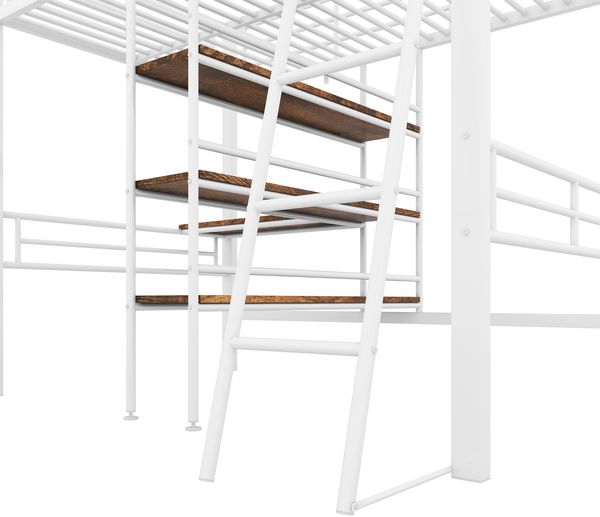 Bett 90x200 cm Hochbett mit Schreibtisch und Regalen, Weiß – stabile Metallkonstruktion Bild 10