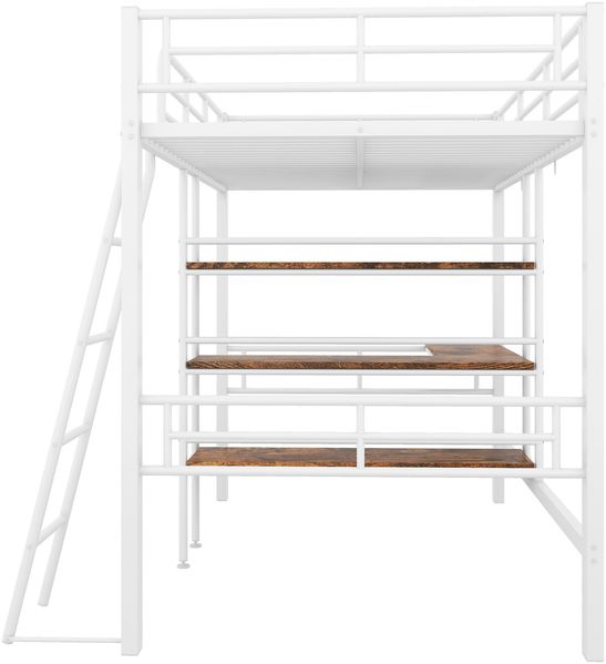 Bett 90x200 cm Hochbett mit Schreibtisch und Regalen, Weiß – stabile Metallkonstruktion Bild 9