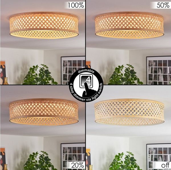hofstein Deckenleuchte Deckenlampe dimmbar aus Metall/Bambus/Kunststoff in Weiß/Naturfarben, ohne Leuchtmittel, Deckenleuchte im Retro/Vintage/Boho-Design, Memory-Funktion, 24 Watt