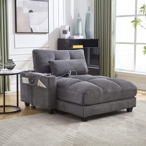 Moderner Lounge-Sessel aus Samt mit Getränkehaltern und USB-Anschluss in Grau