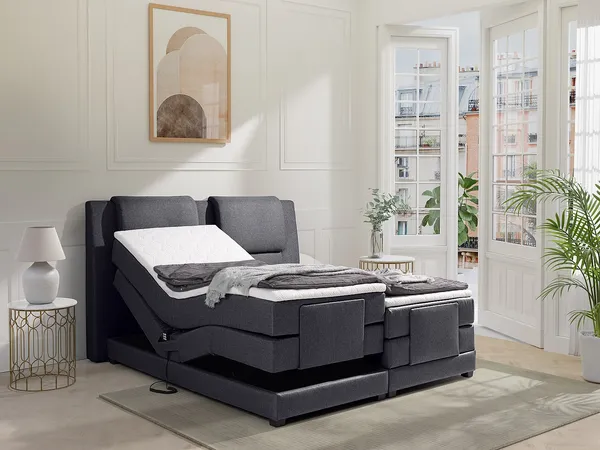 Vente-unique - CASTEL Bett Stoff Grau - B 203 cm x H 125 cm x L 218 cm