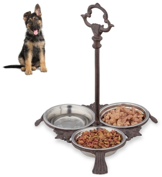 Relaxdays Napf Gusseisen 3-fach mit Griff (2er Set), Gusseisen / Edelstahl dunkelbraun / silber, 37 x 31,5 x 30 cm