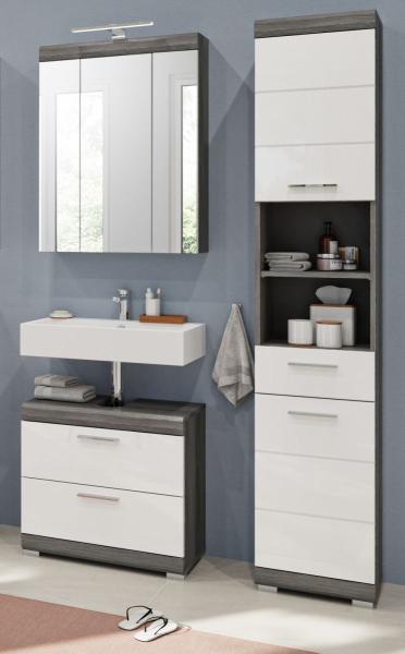 Badmöbel Set Shawn in weiß Hochglanz und grau 3-teilig 112 cm