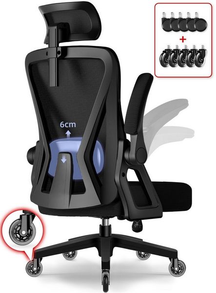Adormii Bürostuhl Ergonomischer Bürostuhl mit klappbaren Armlehnen und Rückenlehnen (Drehstuhl mit Drehbare, höhenverstellbarer Kopfstütze, geräuscharme Rollen, 90°-135° Wippfunktion Bürostuhl, belastbar bis 150kg, Netz atmungsaktiv, Chefsessel), Leise...