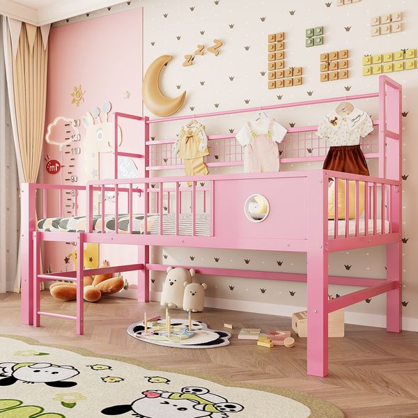 Merax Kinderbett 90*200cm, Niedriges Hochbett mit Metallrahmen und Ablagefächern, geeignet für Kinder und Jugendliche, Rosa