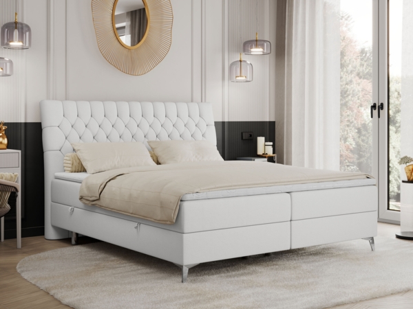 Boxspringbett mit 2 Bettkästen Matratze und Topper - MILEN - 200x200cm - Weiß Kunstleder - H3