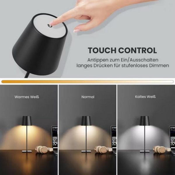 Vivitar LED Tischleuchte Kabellose dimmbare Tischlampe mit 5200-mAh-Akku, Aluminium-Design, 3 Farbtemperaturen, Touch-Steuerung, USB-C-Ladeanschluss