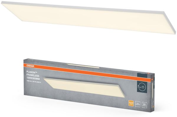 Osram Planon Frameless rahmenlose Panelleuchte in Weiß mit fortschrittlicher LED-Technik, 40 W, rechteckige Form (1200x300 mm), warmweiße Lichtfarbe bei 3000 K, Aluminium-Gehäuse