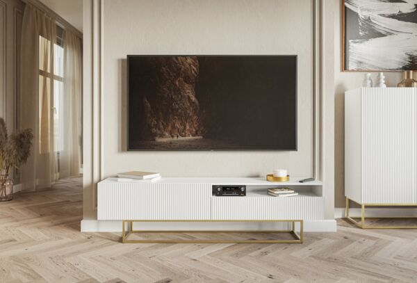 Selsey TV-Schrank VELDIO TV-Lowboard 175 cm – Offenes Fach, Riffel-Optik & Goldgestell
