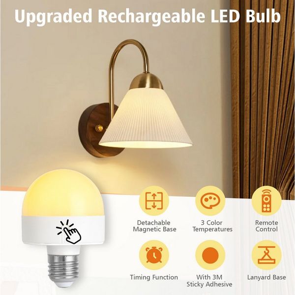 POPOLIC LED-Leuchtmittel Wiederaufladbare Glühbirne mit Timer und Fernbedienung, dimmbare, B22, 2 St, mit Magnetsockel, abnehmbare B22-Lade-LED-Glühbirne,3 Farbtemperaturen