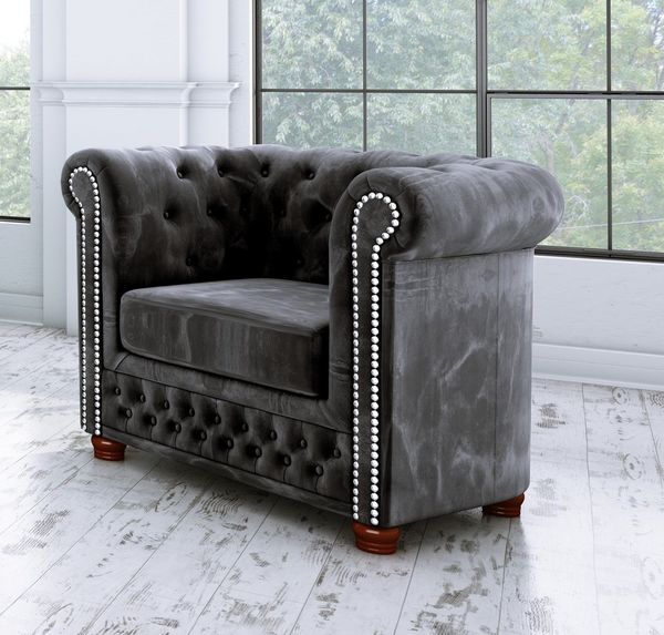 S-Style Möbel Chesterfield-Sessel Leeds aus Samt-Stoff mit Holzfüßen, mit Wellenfederung