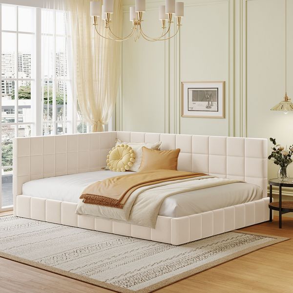 Polsterbett Schlafsofa 140*200 Multifunktionsbett mit Lattenrost aus hautsympathischem Samtstoff Beige
