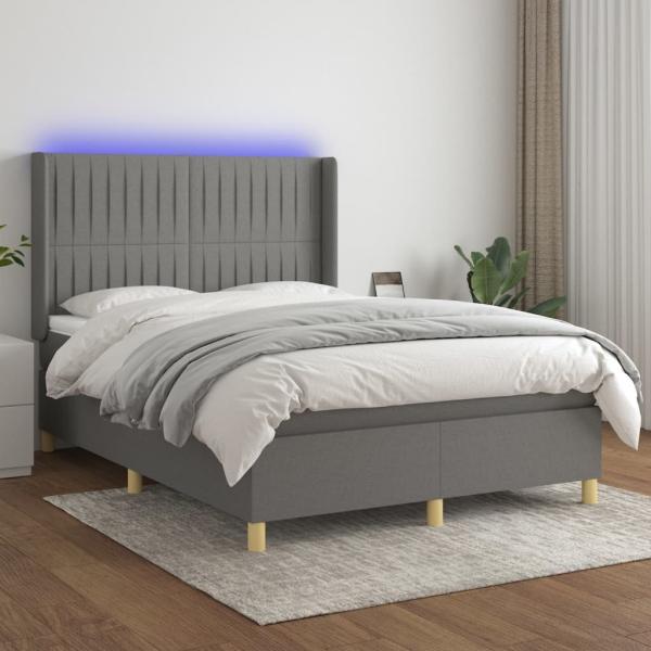 vidaXL Boxspringbett mit Matratze & LED Dunkelgrau 140x190 cm Stoff 3139030