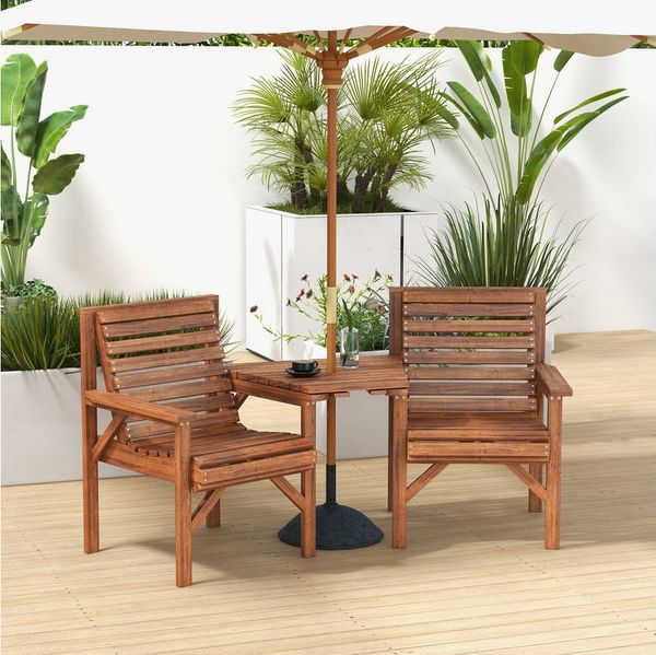 Outsunny Balkonset mit Lamellendesign, Sonnenschirmloch, (Bistro-Set, 3-tlg, Gartenmöbel Set), Verkohlt