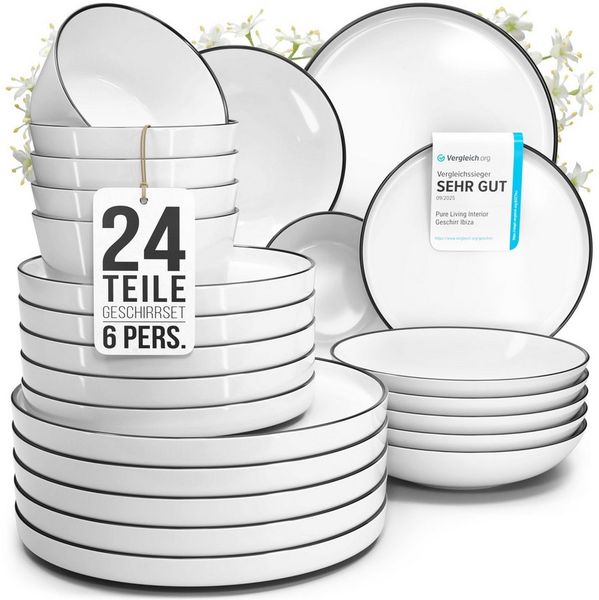 PURE LIVING INTERIOR DESIGN Geschirr-Set Porzellan Geschirrset 6 Personen Scandi 24 tlg. TESTSIEGER, Traumhafte (24-tlg), 6 Personen, Porzellan, Zeitloses skandinavisches Design, Eleganter schwarzer Rand, Minimalis…