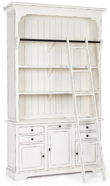 Casa Padrino Landhausstil Schrank mit Leiter Antik Weiß 143,5 x 40,6 x H. 233,7 cm - Bücherschrank - Regalschrank - Wohnzimmerschrank - Büroschrank - Landhausstil Möbel