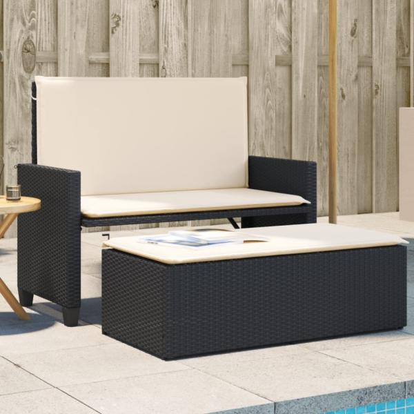 vidaXL Gartenbank mit Kissen und Hocker Schwarz Poly Rattan 368407