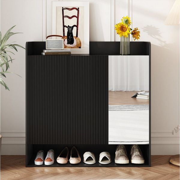 MODFU Schuhschrank 110 x 110 x 35,5 cm Schwarzer Schuhschrank mit Spiegel für Flur (Packung, 1-St, Großzügiges Fassungsvermögen auf mehreren Ebenen) Vertikales Streifendesign, moderner Look