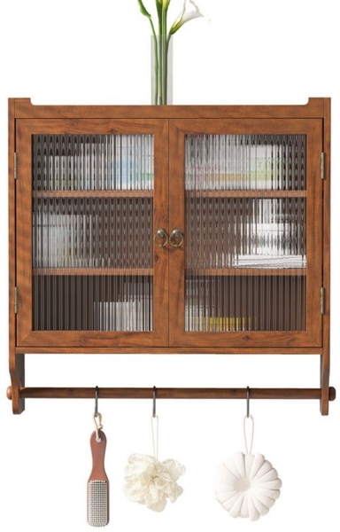 OKWISH Hängeschrank Wandhängeschrank,Glas-Wandregal (Vintage 63 cm Wandregal mit Doppelglastüren – 3 Stufiger Stauraum mit Handtuchhalter, Naturholz – Wandmontage für Badezimmer, Küche, Esszimmer – Stabil & Platzsparend) Gewichtskapazität: 5 kg pro Regal