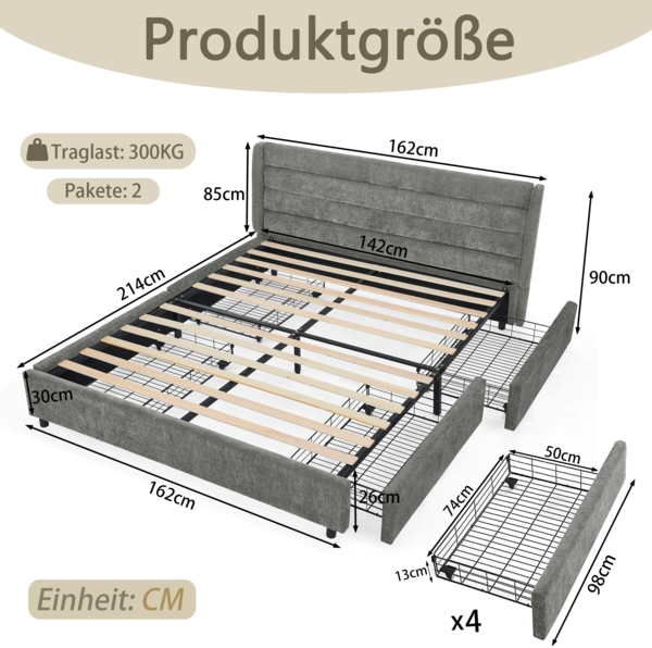 Doppelbett 140x200 cm Dunkelgrau mit 4 Schubladen, Chenille Bezug, stabiles Bettgestell aus Holz und Metall, Stauraumbett Bild 7