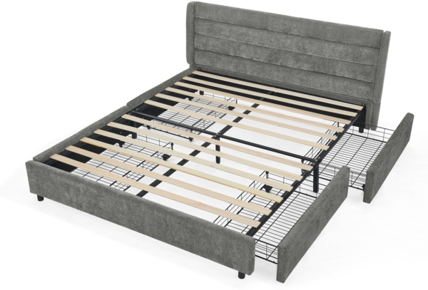 Doppelbett 140x200 cm Dunkelgrau mit 4 Schubladen, Chenille Bezug, stabiles Bettgestell aus Holz und Metall, Stauraumbett Bild 9