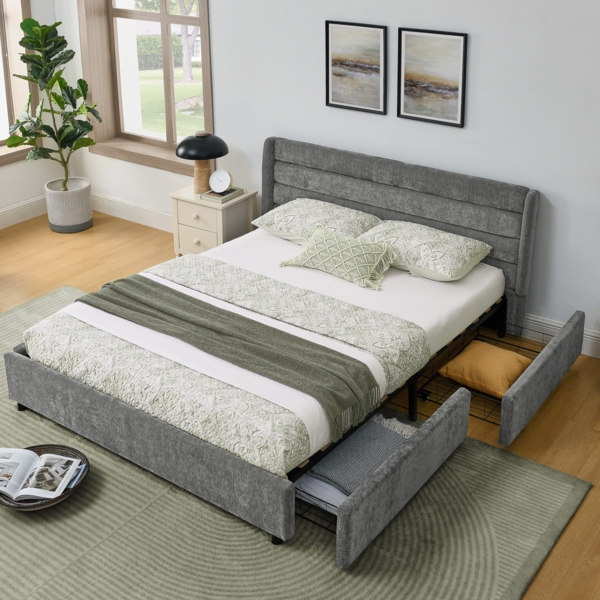 Doppelbett 140x200 cm Dunkelgrau mit 4 Schubladen, Chenille Bezug, stabiles Bettgestell aus Holz und Metall, Stauraumbett Bild 2