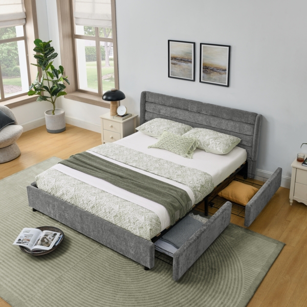 Doppelbett 140x200 cm Dunkelgrau mit 4 Schubladen, Chenille Bezug, stabiles Bettgestell aus Holz und Metall, Stauraumbett Bild 3