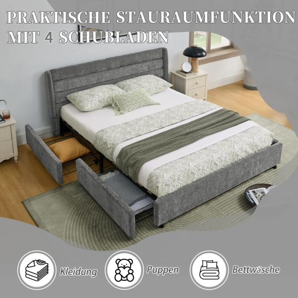 Doppelbett 140x200 cm Dunkelgrau mit 4 Schubladen, Chenille Bezug, stabiles Bettgestell aus Holz und Metall, Stauraumbett Bild 5
