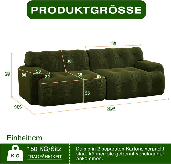 Modulares 2-Sitzer Sofa B 224 x T 104 x H 66 cm aus atmungsaktivem Stoff in Grün Bild 5